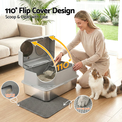 i.Pet Cat Litter Box Large Stainless Steel High Sided Pet Toilet Odour Control.