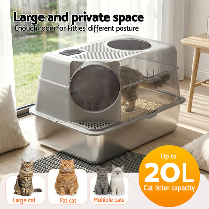 i.Pet Cat Litter Box Large Stainless Steel High Sided Pet Toilet Odour Control.