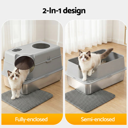 i.Pet Cat Litter Box Large Stainless Steel High Sided Pet Toilet Odour Control.