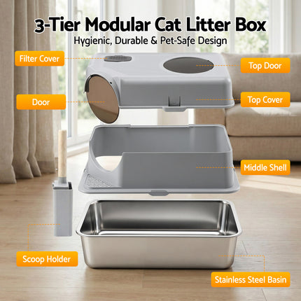 i.Pet Cat Litter Box Large Stainless Steel High Sided Pet Toilet Odour Control.