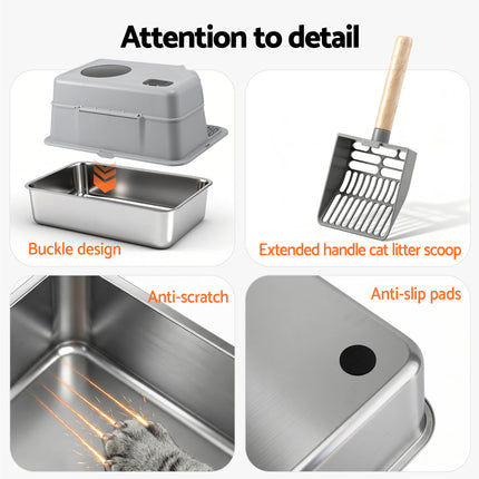 i.Pet Cat Litter Box Large Stainless Steel High Sided Pet Toilet Odour Control.