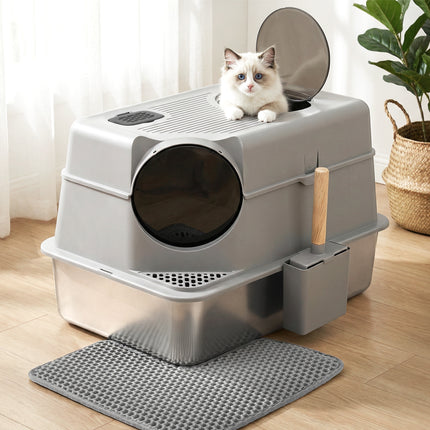 i.Pet Cat Litter Box Large Stainless Steel High Sided Pet Toilet Odour Control.