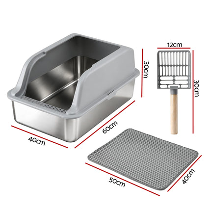 i.Pet Cat Litter Box Stainless Steel Large Semi-Enclosed Pet Kitty Toilet Grey.