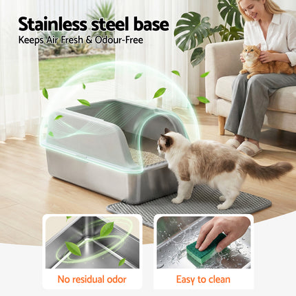 i.Pet Cat Litter Box Stainless Steel Large Semi-Enclosed Pet Kitty Toilet Grey.