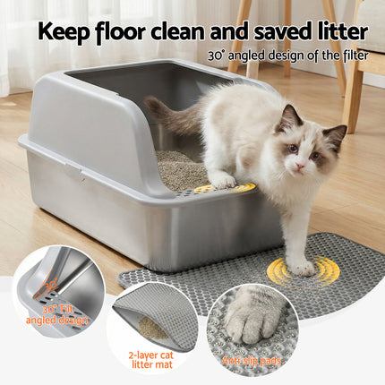 i.Pet Cat Litter Box Stainless Steel Large Semi-Enclosed Pet Kitty Toilet Grey.