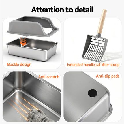 i.Pet Cat Litter Box Stainless Steel Large Semi-Enclosed Pet Kitty Toilet Grey.