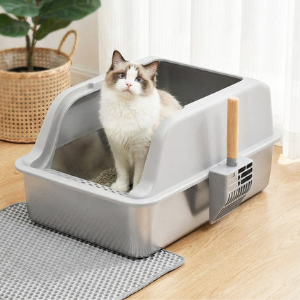 i.Pet Cat Litter Box Stainless Steel Large Semi-Enclosed Pet Kitty Toilet Grey.