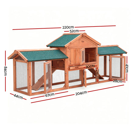 i.Pet Chicken Coop Rabbit Hutch 220cm x 44cm x 84cm Large Chicken Coop Run Wooden Outdoor Cage House.