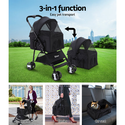 i.Pet Pet Stroller Dog Pram Cat Carrier Travel Large Pushchair Foldable 4 Wheels Black.