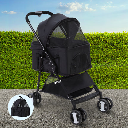 i.Pet Pet Stroller Dog Pram Cat Carrier Travel Large Pushchair Foldable 4 Wheels Black.