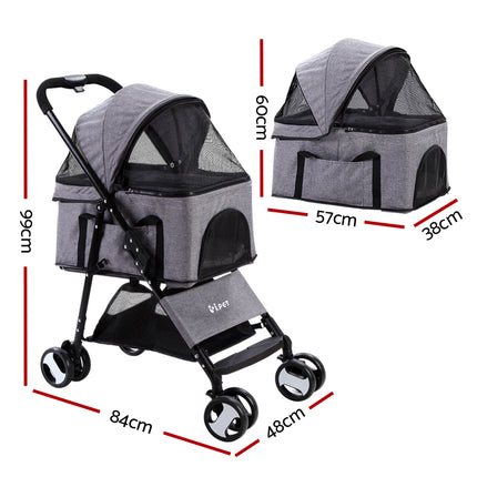 i.Pet Pet Stroller Dog Pram Cat Carrier Travel Large Pushchair Foldable 4 Wheels Grey.