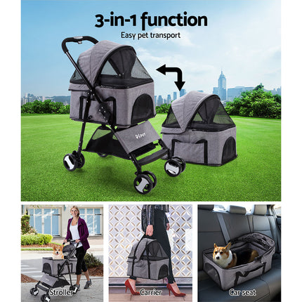 i.Pet Pet Stroller Dog Pram Cat Carrier Travel Large Pushchair Foldable 4 Wheels Grey.
