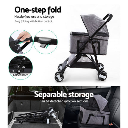i.Pet Pet Stroller Dog Pram Cat Carrier Travel Large Pushchair Foldable 4 Wheels Grey.
