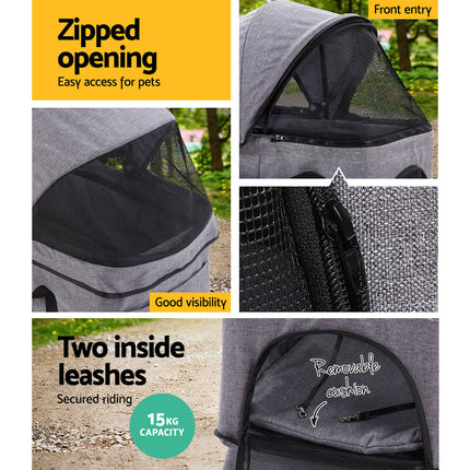 i.Pet Pet Stroller Dog Pram Cat Carrier Travel Large Pushchair Foldable 4 Wheels Grey.
