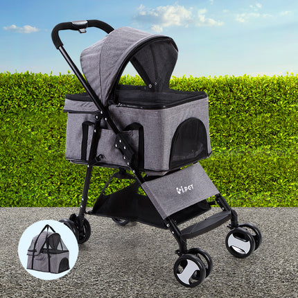 i.Pet Pet Stroller Dog Pram Cat Carrier Travel Large Pushchair Foldable 4 Wheels Grey.