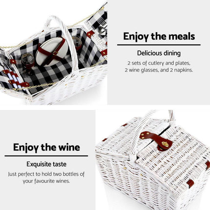 Alfresco 2 Person Picnic Basket Set Willow Vintage Baskets Insulated Blanket Bag.
