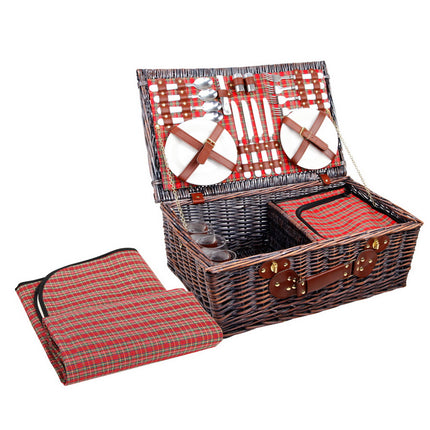 Alfresco 4 Person Picnic Basket Set Insulated Blanket Bag Red.