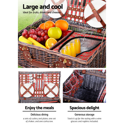Alfresco 4 Person Picnic Basket Set Insulated Blanket Bag Red.