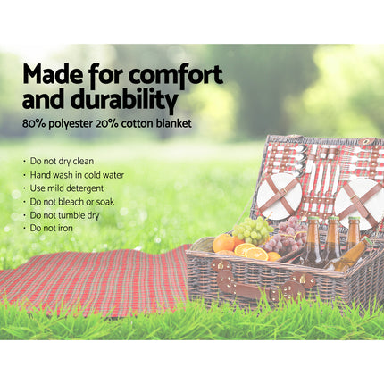 Alfresco 4 Person Picnic Basket Set Insulated Blanket Bag Red.