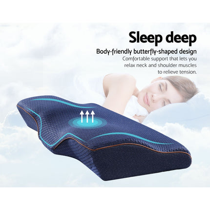 Giselle Memory Foam Pillow Neck Cervical Butterfly Ergonomic Support Navy.