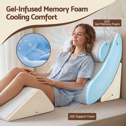 Giselle 4PCS Orthopedic Bed Wedge Pillow Set Anti-Slip Velcro System For Sleeping, 30D Gel Memory Foam Support Cushions For Acid Reflux And Leg Elevation