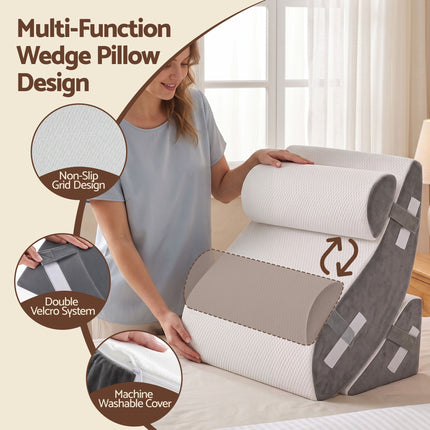 Giselle 4PCS Orthopedic Bed Wedge Pillow Set Anti-Slip Velcro System For Sleeping, 30D Gel Memory Foam Support Cushions For Acid Reflux And Leg Elevation