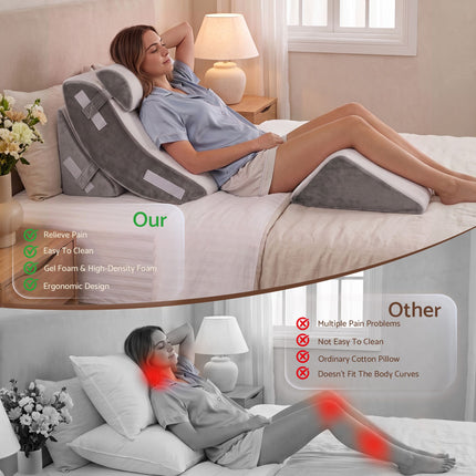 Giselle 4PCS Orthopedic Bed Wedge Pillow Set Anti-Slip Velcro System For Sleeping, 30D Gel Memory Foam Support Cushions For Acid Reflux And Leg Elevation