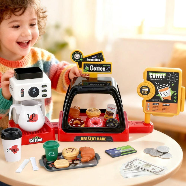 Keezi Kids Pretend Role Play Toy Coffee Shop with Coffee Maker Machine Play Money Food Tea Party Set.