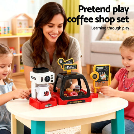 Keezi Kids Pretend Role Play Toy Coffee Shop with Coffee Maker Machine Play Money Food Tea Party Set.