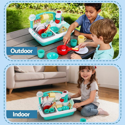 Keezi Kids Kitchen Play Set Play Pretend Sink Dishwasher Toys Green.