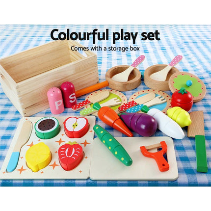 Keezi Kids Kitchen Play Set Wooden Pretend Toys Cooking Utensils Pots Pans Food.