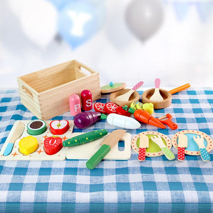 Keezi Kids Kitchen Play Set Wooden Pretend Toys Cooking Utensils Pots Pans Food.
