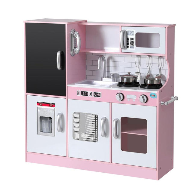 Keezi Kids Wooden Pretend Kitchen Play Set Cooking Toys Pot Ice Cup Oven Blackboard 80CM Pink.