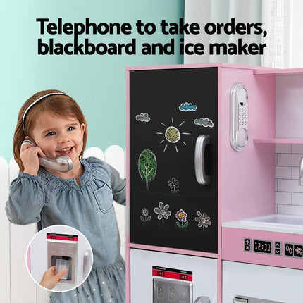 Keezi Kids Wooden Pretend Kitchen Play Set Cooking Toys Pot Ice Cup Oven Blackboard 80CM Pink.