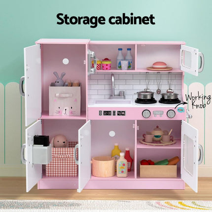 Keezi Kids Wooden Pretend Kitchen Play Set Cooking Toys Pot Ice Cup Oven Blackboard 80CM Pink.