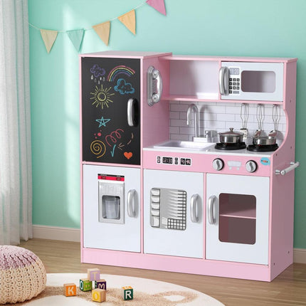 Keezi Kids Wooden Pretend Kitchen Play Set Cooking Toys Pot Ice Cup Oven Blackboard 80CM Pink.