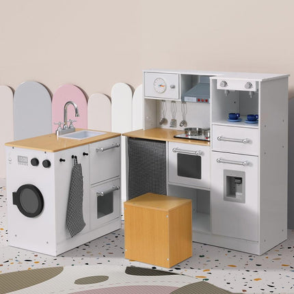 Keezi Kids Kitchen Playset 2-Piece Wooden Pretend Play Coffee Maker Toy 80CM White.