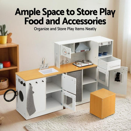 Keezi Kids Kitchen Playset 2-Piece Wooden Pretend Play Coffee Maker Toy 80CM White.