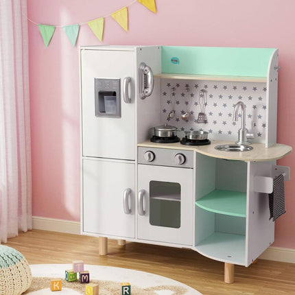 Keezi Kids Wooden Pretend Kitchen Play Sets Cooking Toys Oven Fridge 85CM Green.