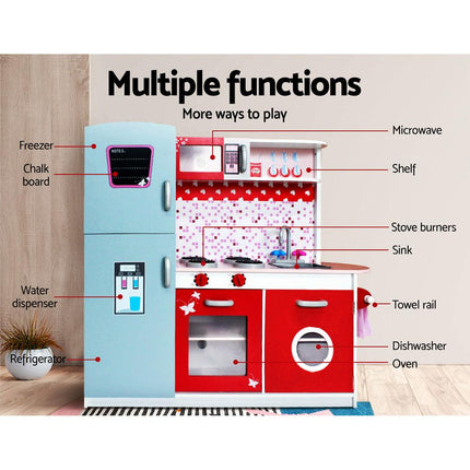 Keezi Kids Kitchen Play Set Wooden Pretend Toys Cooking Children Fridge Oven Red.
