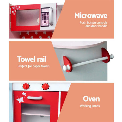 Keezi Kids Kitchen Play Set Wooden Pretend Toys Cooking Children Fridge Oven Red.