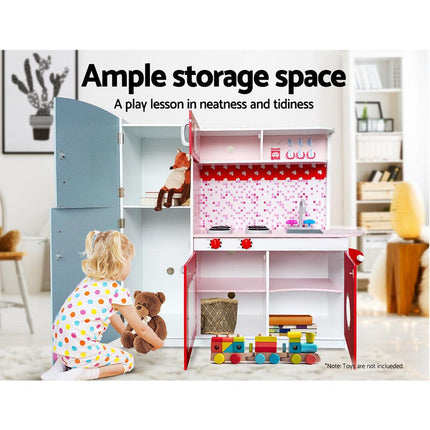 Keezi Kids Kitchen Play Set Wooden Pretend Toys Cooking Children Fridge Oven Red.