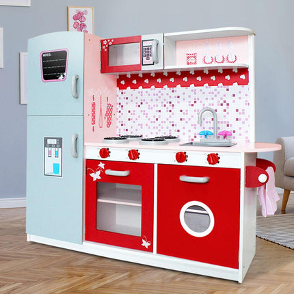 Keezi Kids Kitchen Play Set Wooden Pretend Toys Cooking Children Fridge Oven Red.