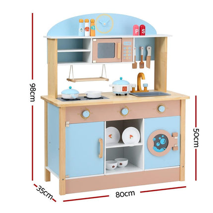 Keezi Kids Wooden Pretend Kitchen Play Sets Cooking Toys Pot Pan Bowls Oven Dishwasher 80CM Blue.