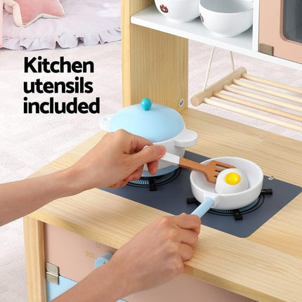 Keezi Kids Wooden Pretend Kitchen Play Sets Cooking Toys Pot Pan Bowls Oven Dishwasher 80CM Blue.