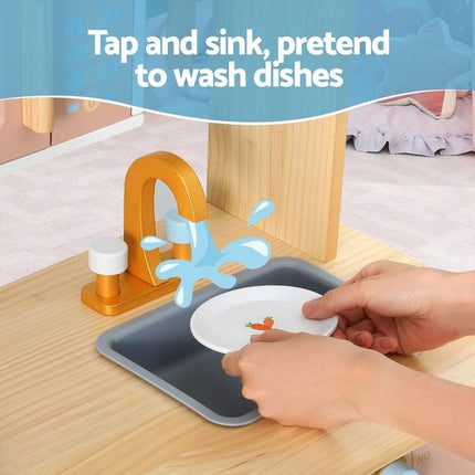 Keezi Kids Wooden Pretend Kitchen Play Sets Cooking Toys Pot Pan Bowls Oven Dishwasher 80CM Blue.
