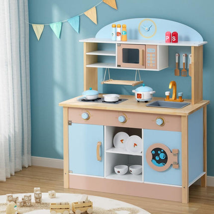 Keezi Kids Wooden Pretend Kitchen Play Sets Cooking Toys Pot Pan Bowls Oven Dishwasher 80CM Blue.