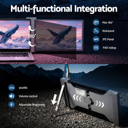 Devanti Portable Monitor Laptop Screen Extender Dual Display 1080P IPS USB C.