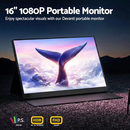 Devanti Portable Monitor Laptop Extender USB C Travel Display 16 Inch Black.