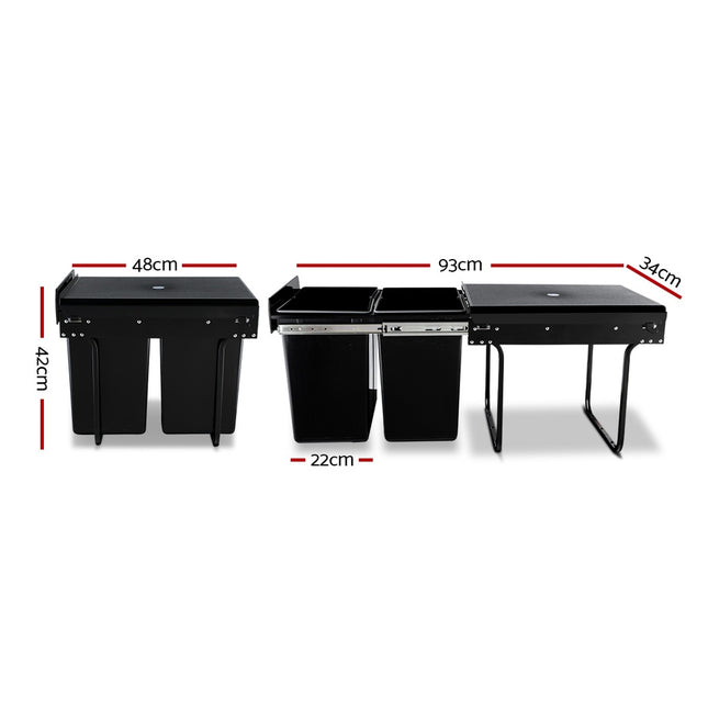 Cefito Pull Out Bin Kitchen Double Basket 2X20L Black.